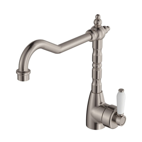 Fienza Eleanor Shepherds Crook Sink Mixer - Brushed Nickel/Ceramic Handle
