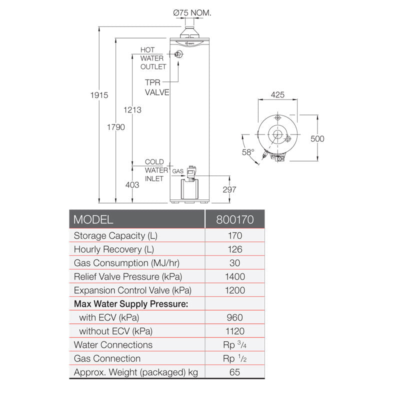 Rheem 170L Internal Gas Storage Water Heater Specification