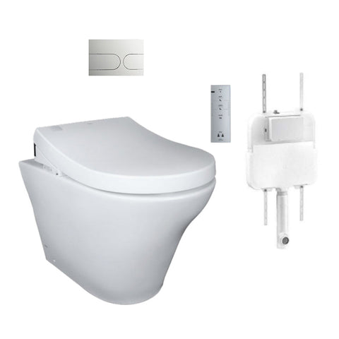 TOTO MH Wall Faced Toilet and Washlet w- Remote Control, Stainless Steel Flush Panel (Oval Buttons)