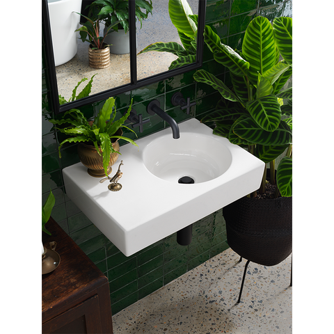 Clark Round Wall Basin Left Hand Shelf 600mm - No Tap Hole - Gloss White