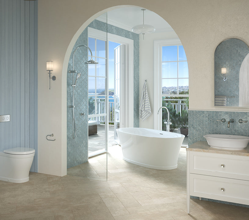 Riviere coastal bathroom with freestanding bath, rail shower and arched mirror