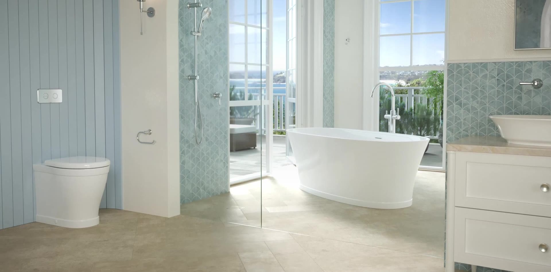 Caroma Riviere coastal bathroom with rail shower, freestanding bath, wall basin set and vanity