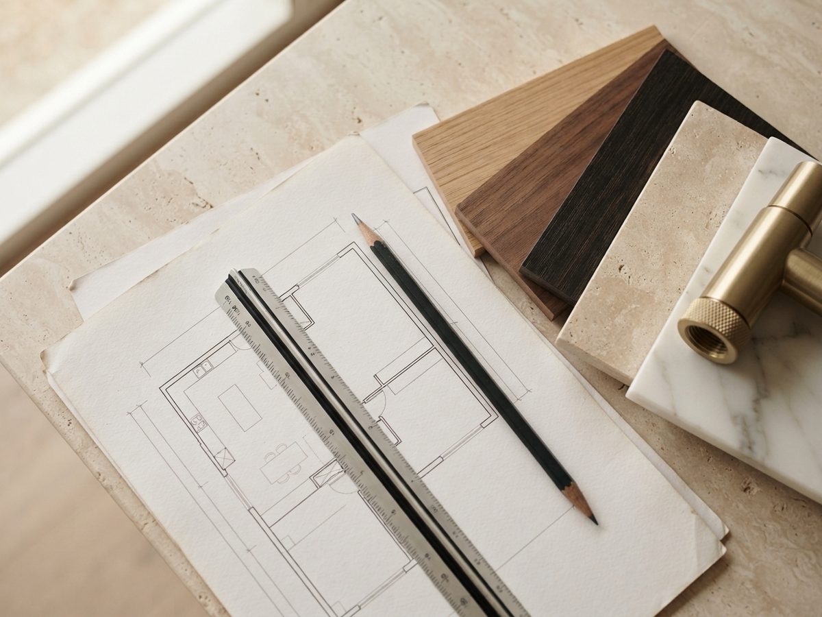 Floor plan drawing with a scale ruler, pencil, and timber and stone finish samples