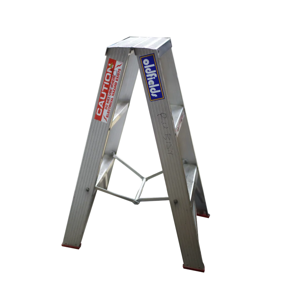 A silver aluminum step ladder with red and blue brand stickers, shown on a plain white background.