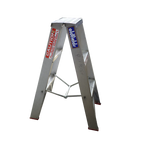 A silver aluminum step ladder with red and blue brand stickers, shown on a plain white background.