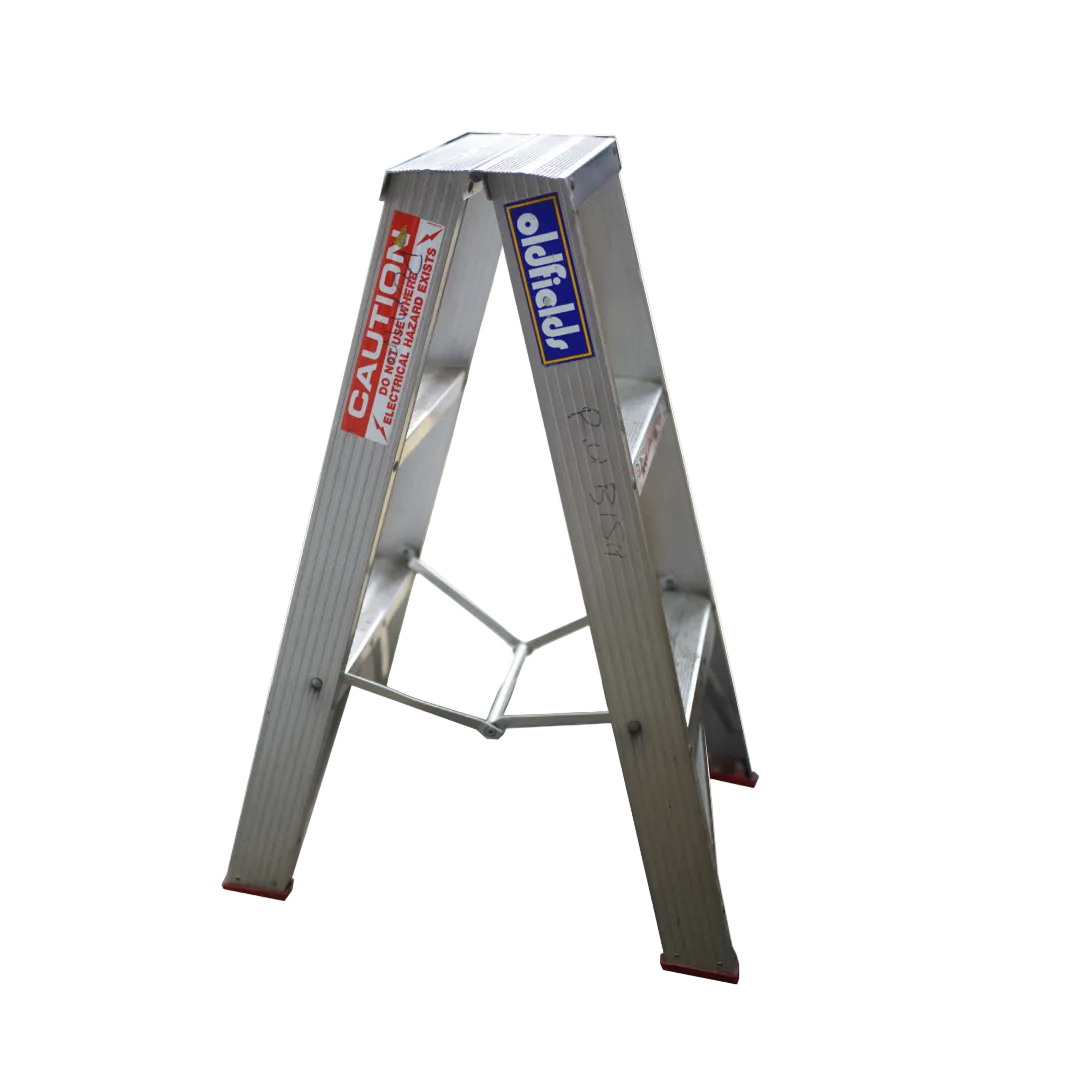 A silver aluminum step ladder with red and blue brand stickers, shown on a plain white background.