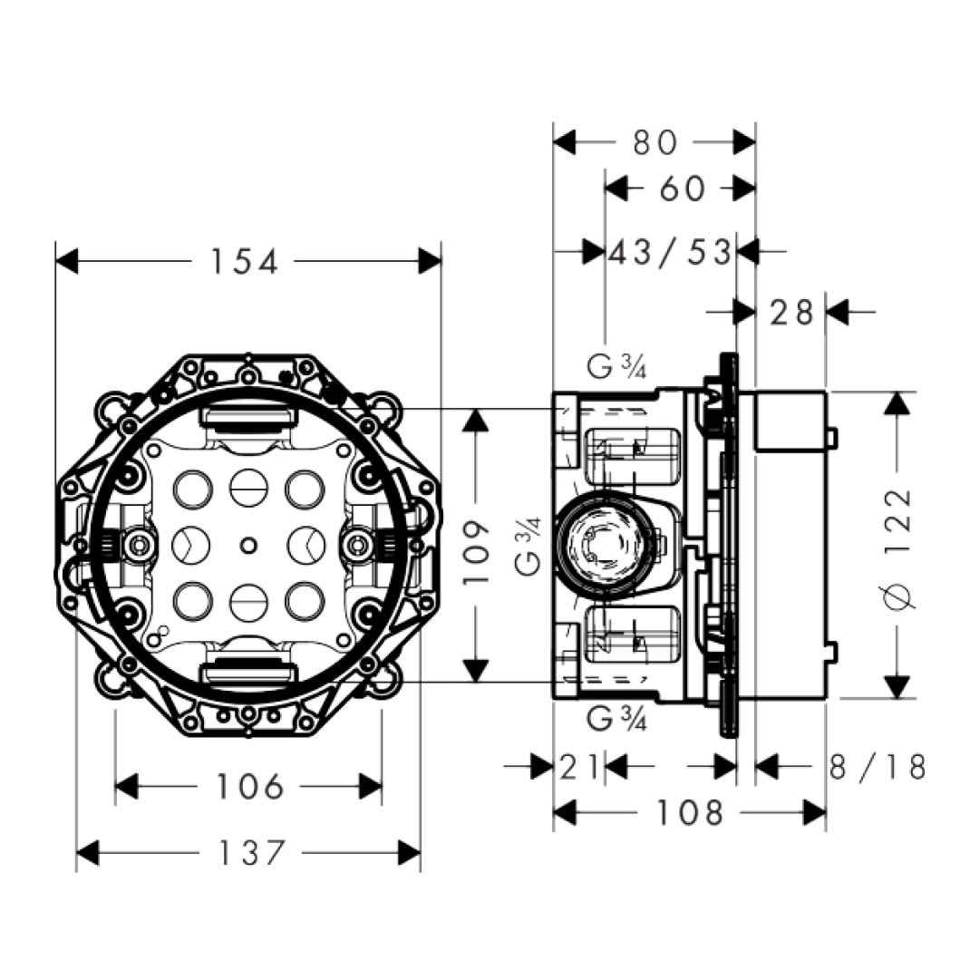 Hansgrohe ShowerSelect Thermostatic Mixer 2 Functions Includes IBox In-Wall Body - Chrome - 15763003 + 01850180