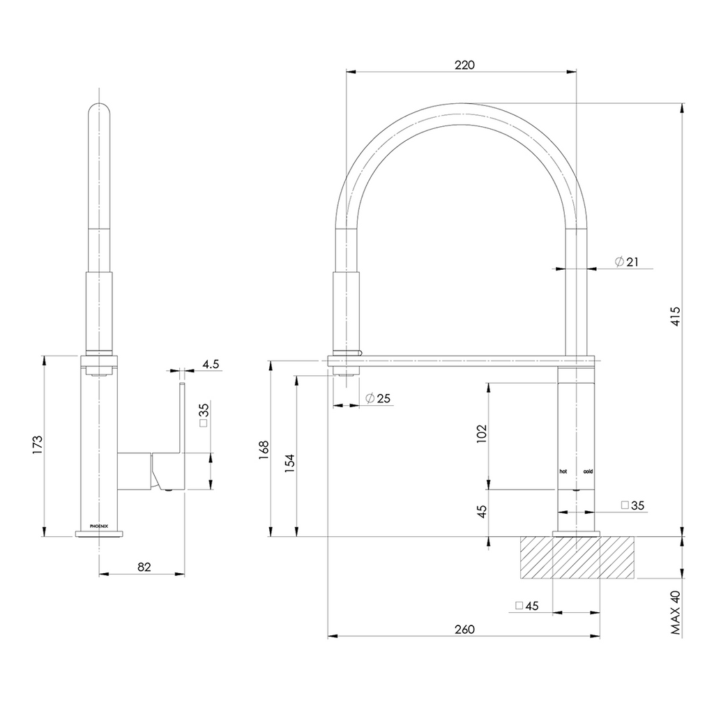 Phoenix Vezz Flexible Hose Sink Mixer 220mm Squareline - LF Chrome - 10373100-00-1