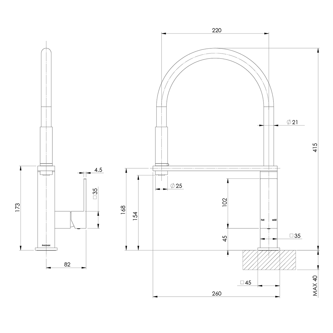 Phoenix Vezz Flexible Hose Sink Mixer 220mm Squareline - LF Chrome - 10373100-00-1