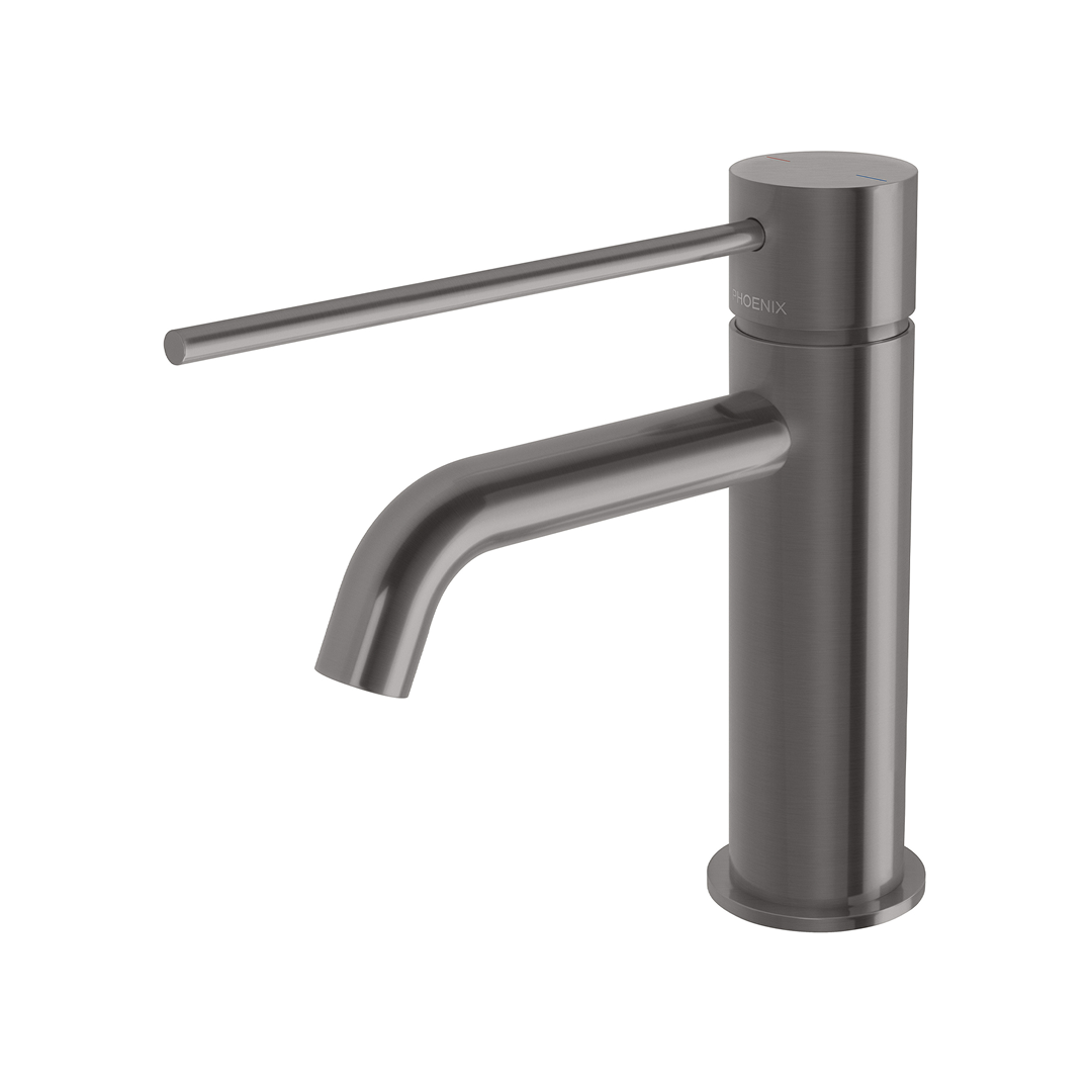 Phoenix Vivid Slimline Basin Mixer Curved Outlet with Extended Lever - LF Brushed Carbon - 114-7701-31-1