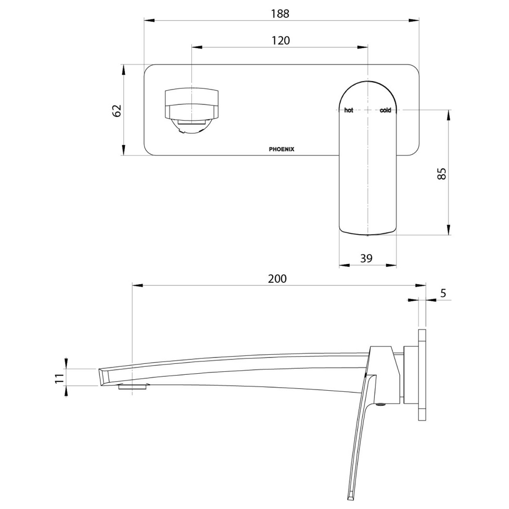 Phoenix Mekko SwitchMix Wall Basin / Bath Mixer Set 200mm (Trim Kit Only) - LF Matte Black - 115-2812-10-1