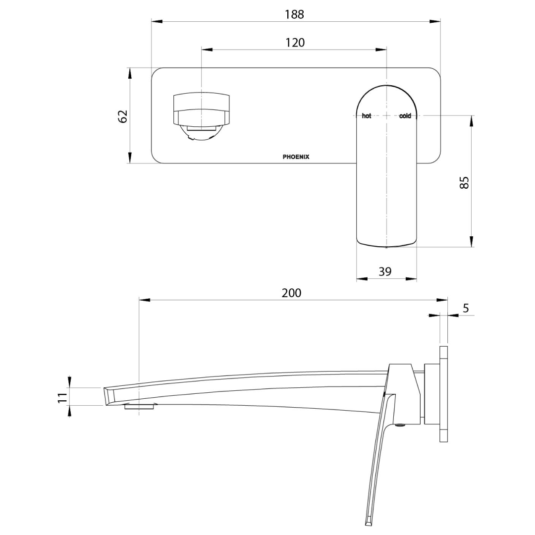 Phoenix Mekko SwitchMix Wall Basin / Bath Mixer Set 200mm (Trim Kit Only) - LF Matte Black - 115-2812-10-1