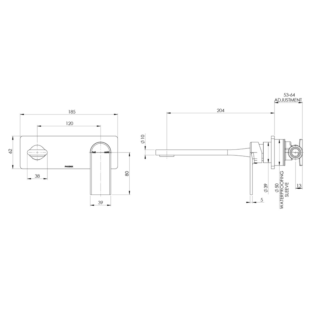 Phoenix Teel SwtichMix Wall Basin/Bath Mixer Set 200mm (Includes In-Wall Body) - LF Matte Black 118-2810-10-1