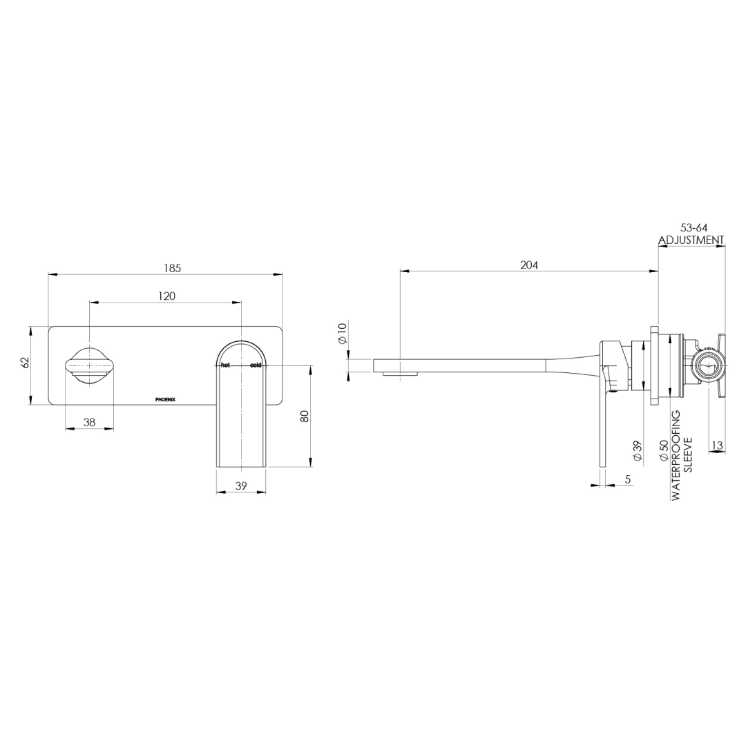 Phoenix Teel SwtichMix Wall Basin/Bath Mixer Set 200mm (Includes In-Wall Body) - LF Matte Black 118-2810-10-1