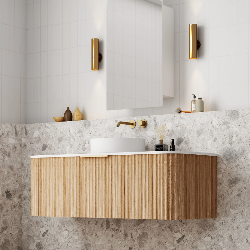 Cassa Design V-Groove 1200mm Natural Oak Wall Hung Vanity - Brushed Gold Handle - VGR1200WH-OAK-BG