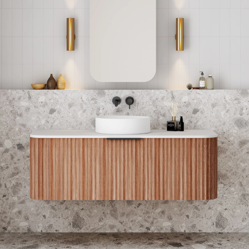 Cassa Design V-Groove 1200mm Natural Walnut Wall Hung Vanity - Brushed Gold Handle - VGR1200WH-WALNUT-BG