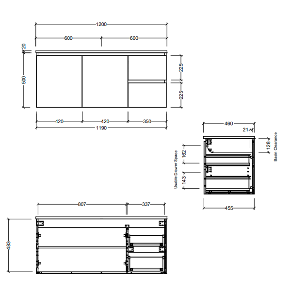 Timberline Nevada 1200mm Wall Hung Vanity with Alpha Ceramic Top - Right Hand Drawers