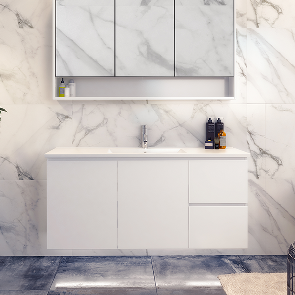 Timberline Nevada 1200mm Wall Hung Vanity with Alpha Ceramic Top - Right Hand Drawers - NEVQV1200CAPHW