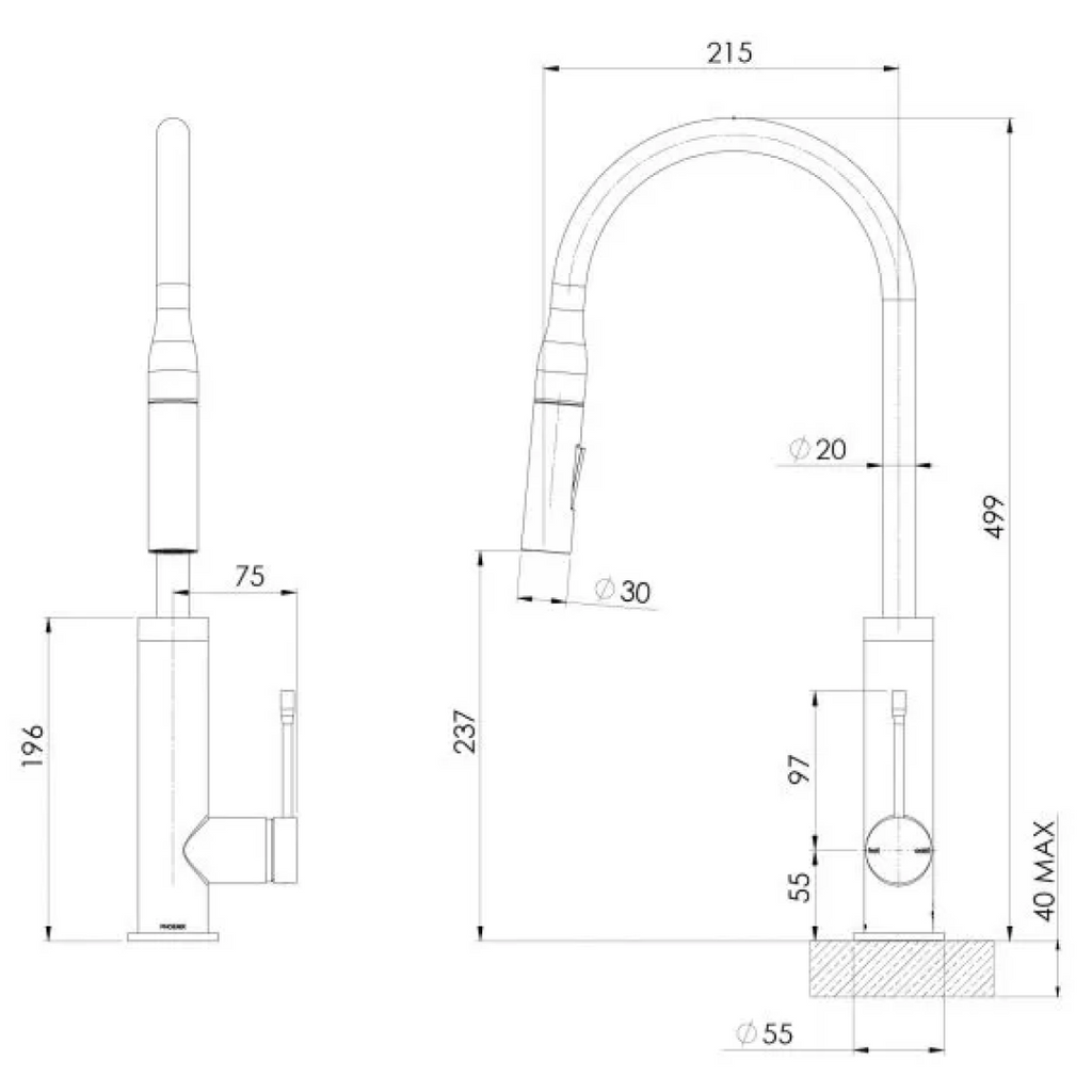 Phoenix Deja Pull-Out Sink Mixer 220mm - LF Brushed Nickel - 126-7330-40-1