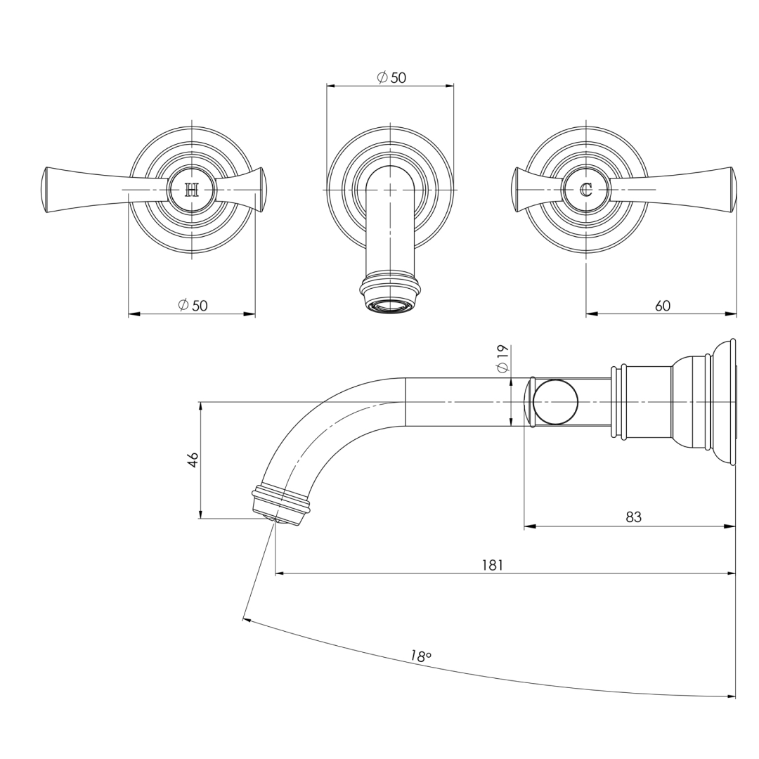 Phoenix Cromford 180mm Wall Basin/Bath Tap Set - LF Brushed Bronze