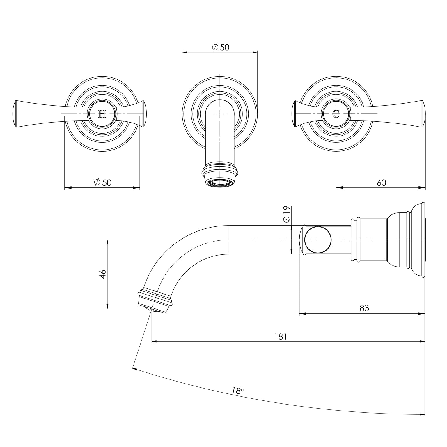 Phoenix Cromford Basin/Bath Wall Tap Set - LF Chrome - 134-1126-00-1