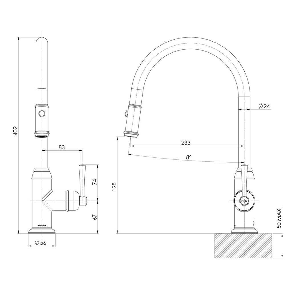 Phoenix Cromford 230mm Pull Out Sink Mixer - LF Brushed Bronze