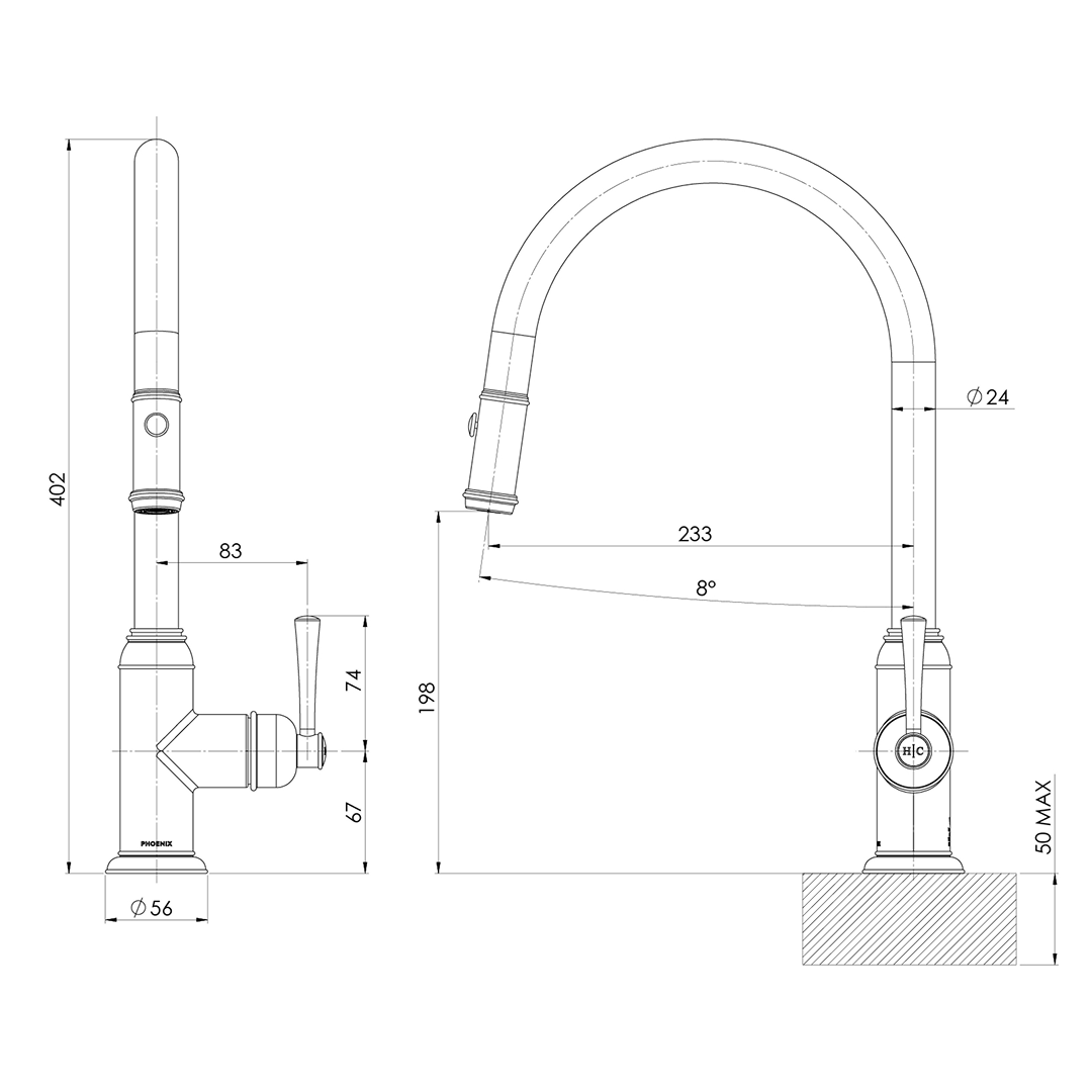 Phoenix Cromford 230mm Pull Out Sink Mixer - LF Brushed Bronze