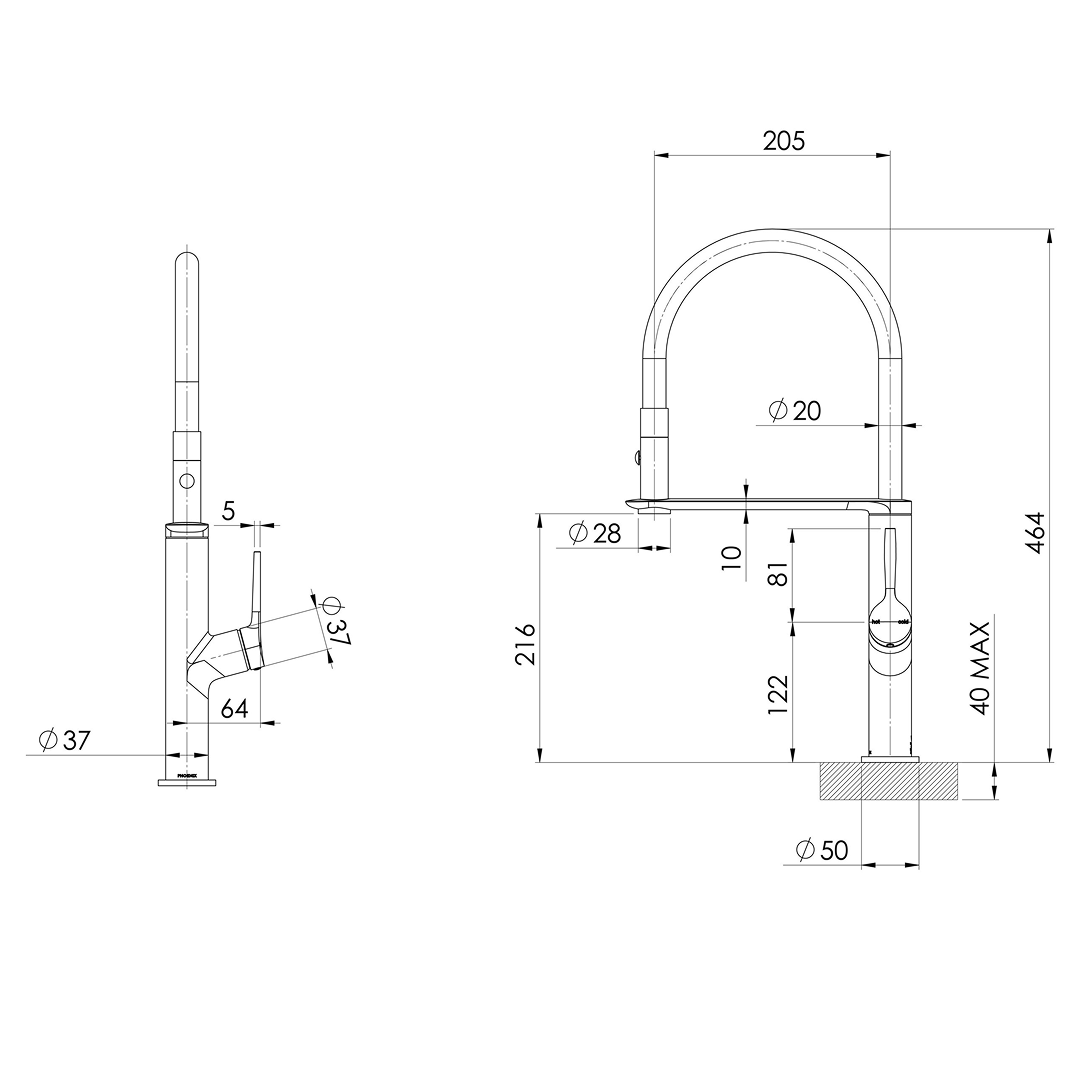 Phoenix Vask 200mm Flexible Hose Sink Mixer - LF Brushed Bronze