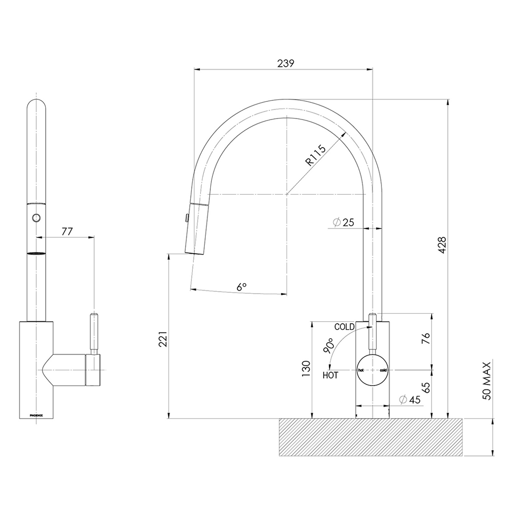 Phoenix Vivid MkII 240mm Gooseneck Pull Out Sink Mixer - LF Brushed Bronze