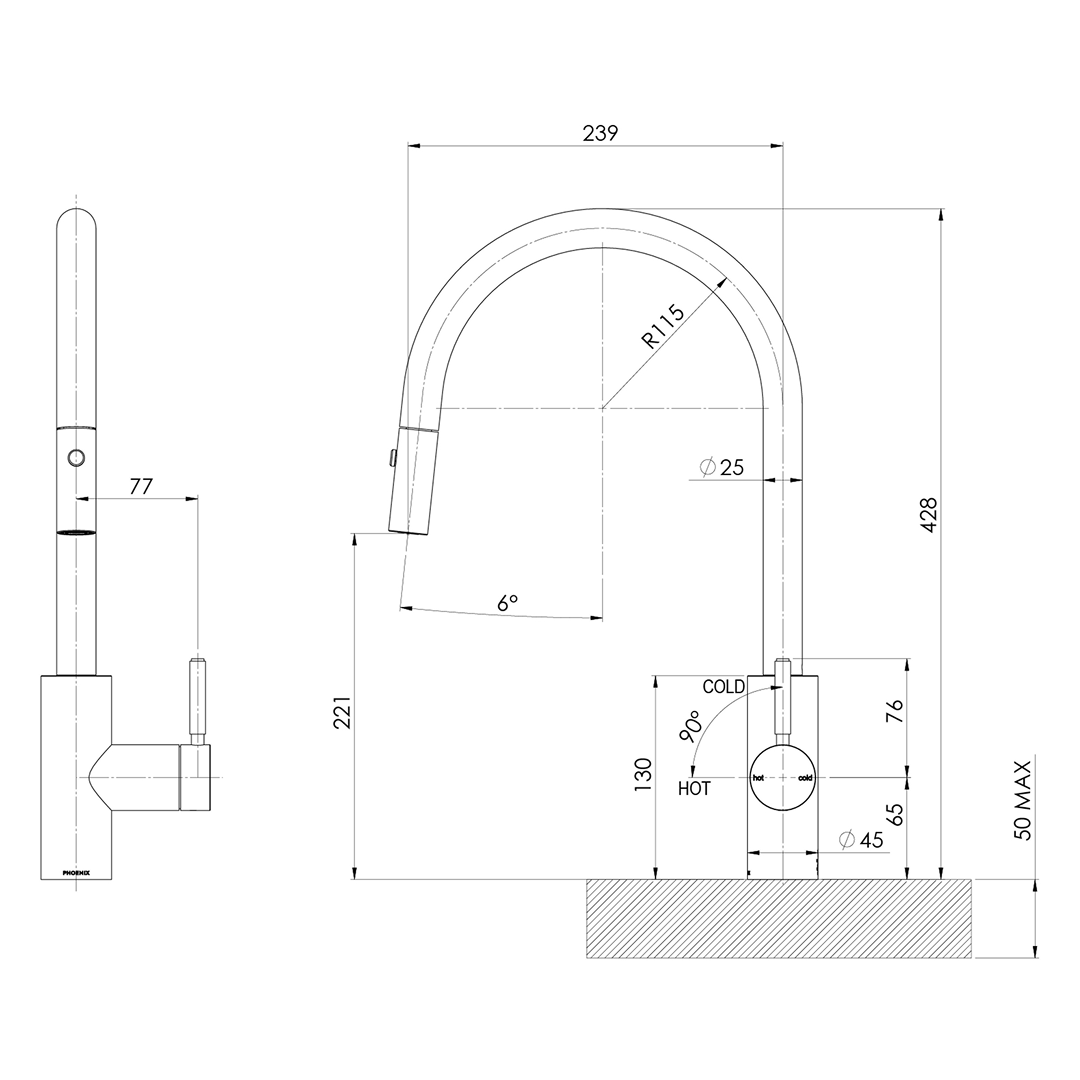 Phoenix Vivid MkII 240mm Gooseneck Pull Out Sink Mixer - LF Brushed Bronze