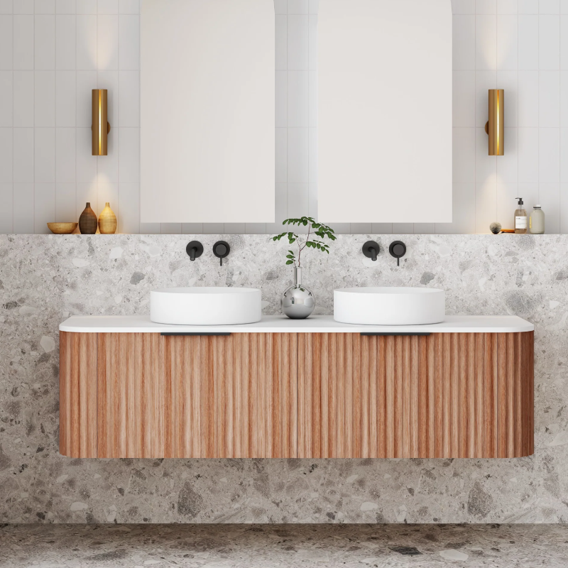 Cassa Design V-Groove 1500mm Natural Walnut Wall Hung Vanity - Brushed Nickel Handle - VGR1500WH-WALNUT-BN