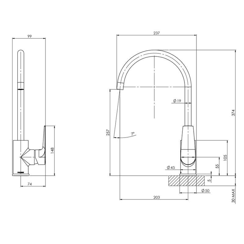 Phoenix Arlo 6 Star Gooseneck 200mm Sink Mixer - LF Brushed Nickel