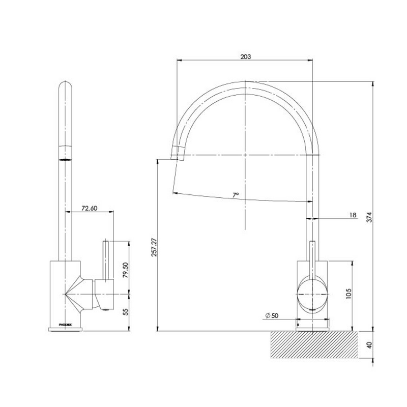 Phoenix Pina 6 Star Gooseneck 200mm Sink Mixer - LF Matte Black
