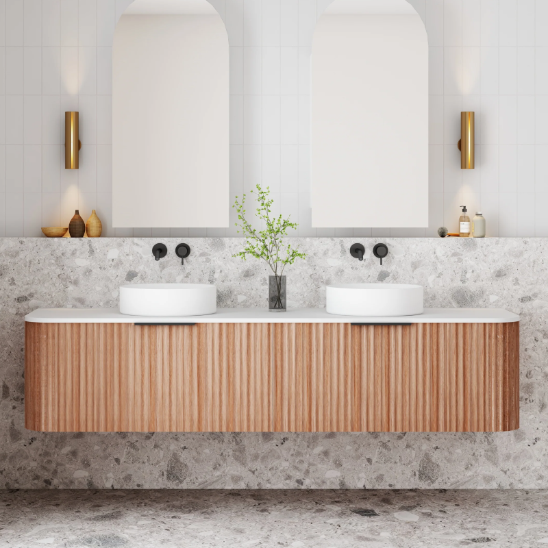 Cassa Design V-Groove 1800mm Natural Walnut Wall Hung Vanity - Brushed Gold Handle - VGR1800WH-WALNUT-BG