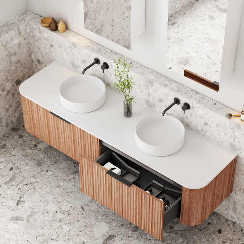 Cassa Design V-Groove 1800mm Natural Walnut Wall Hung Vanity - Matte Black Handle - VGR1800WH-WALNUT-MB