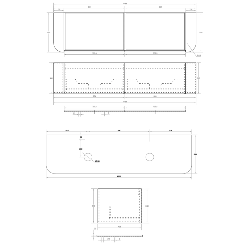 Cassa Design V-Groove 1800mm Natural Oak Wall Hung Vanity - Brushed Gold Handle - VGR1800WH-OAK-BG