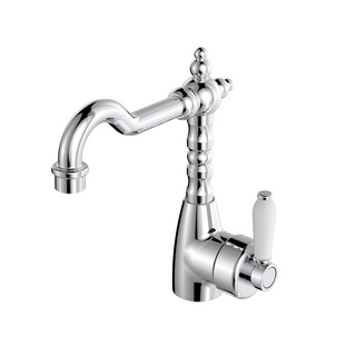 Fienza Eleanor Shepherds Crook Basin Mixer - Chrome & White Ceramic Handle LF - 202103-LF