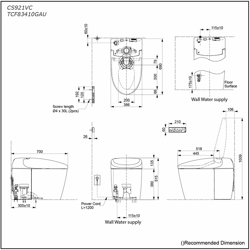 TOTO Neorest RS Integrated S-Trap 315mm Toilet with Remote-Controlled Washlet, Elongated, Gloss White - CS921VC+TCF83410GAU+T53P100VR