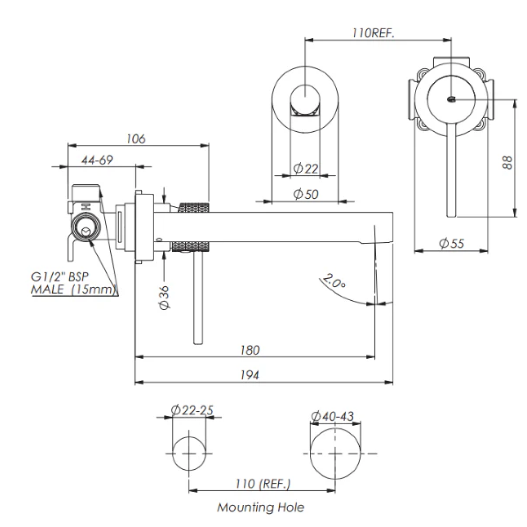 Greens Mika Wall Basin Mixer Set - Matte Black - 212125207