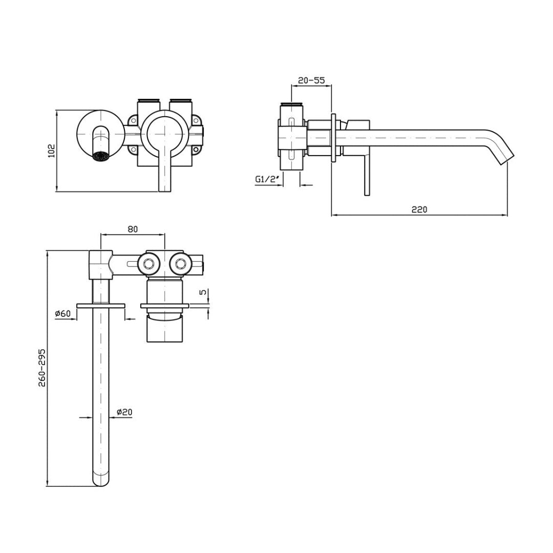 Zucchetti Gil Basin Wall Mixer w/220mm Spout Includes In-Wall Body - Chrome - ZGL676 + R99815