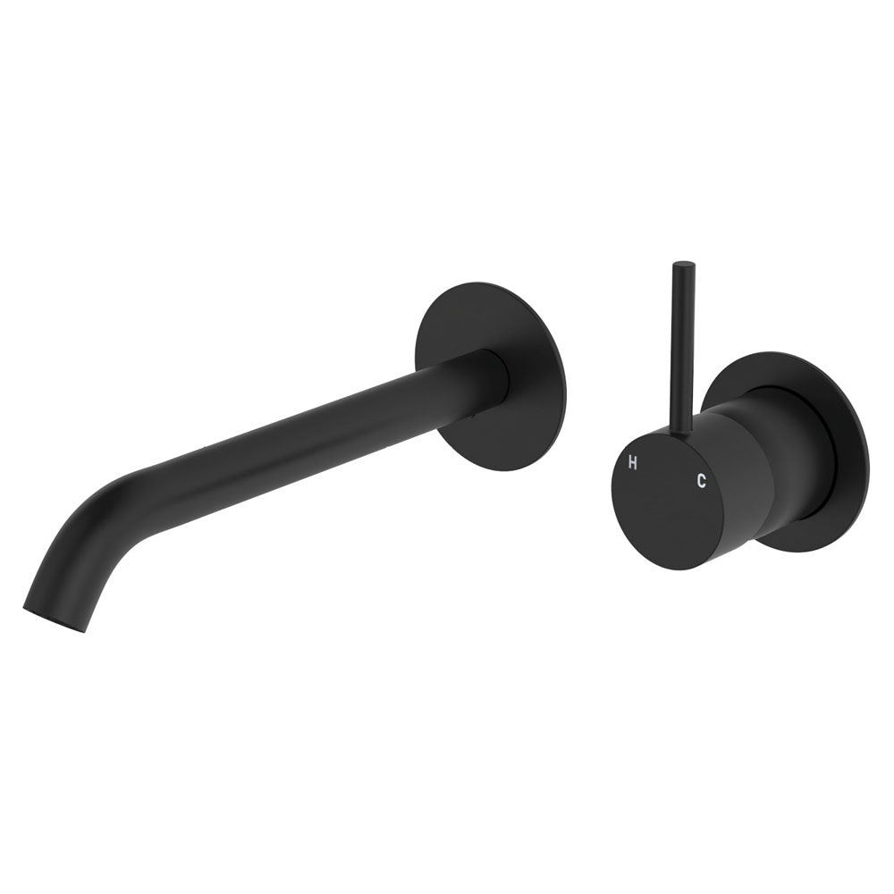 Fienza Kaya Up Basin/Bath Wall Mixer Set, Round Plates, 200mm Outlet, Matte Black - 228118B-200