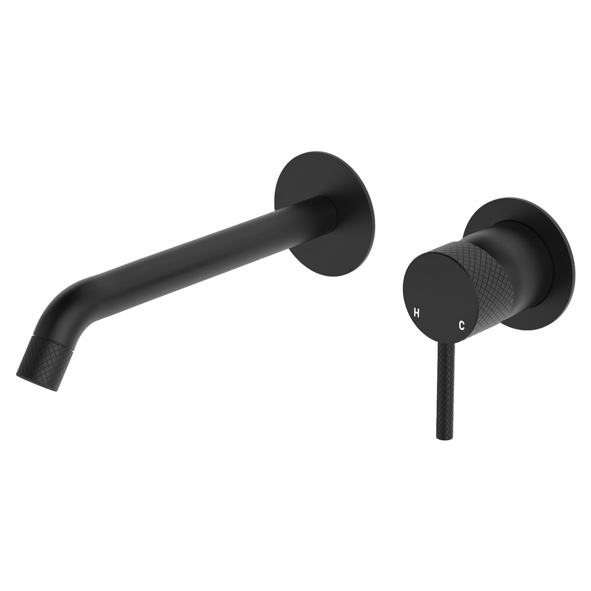 Fienza Axle Wall Basin/Bath Mixer Set, Round Plates, 200mm Outlet, Matte Black - 231104B-200