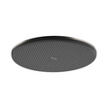 A round, dark gray perforated speaker grille with a slim metallic silver outer rim, shown against a solid white background.