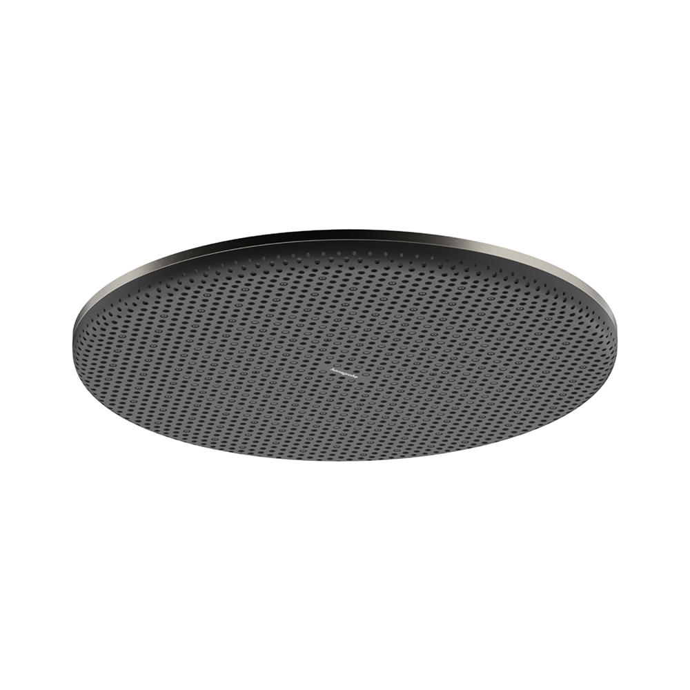 A round, dark gray perforated speaker grille with a slim metallic silver outer rim, shown against a solid white background.