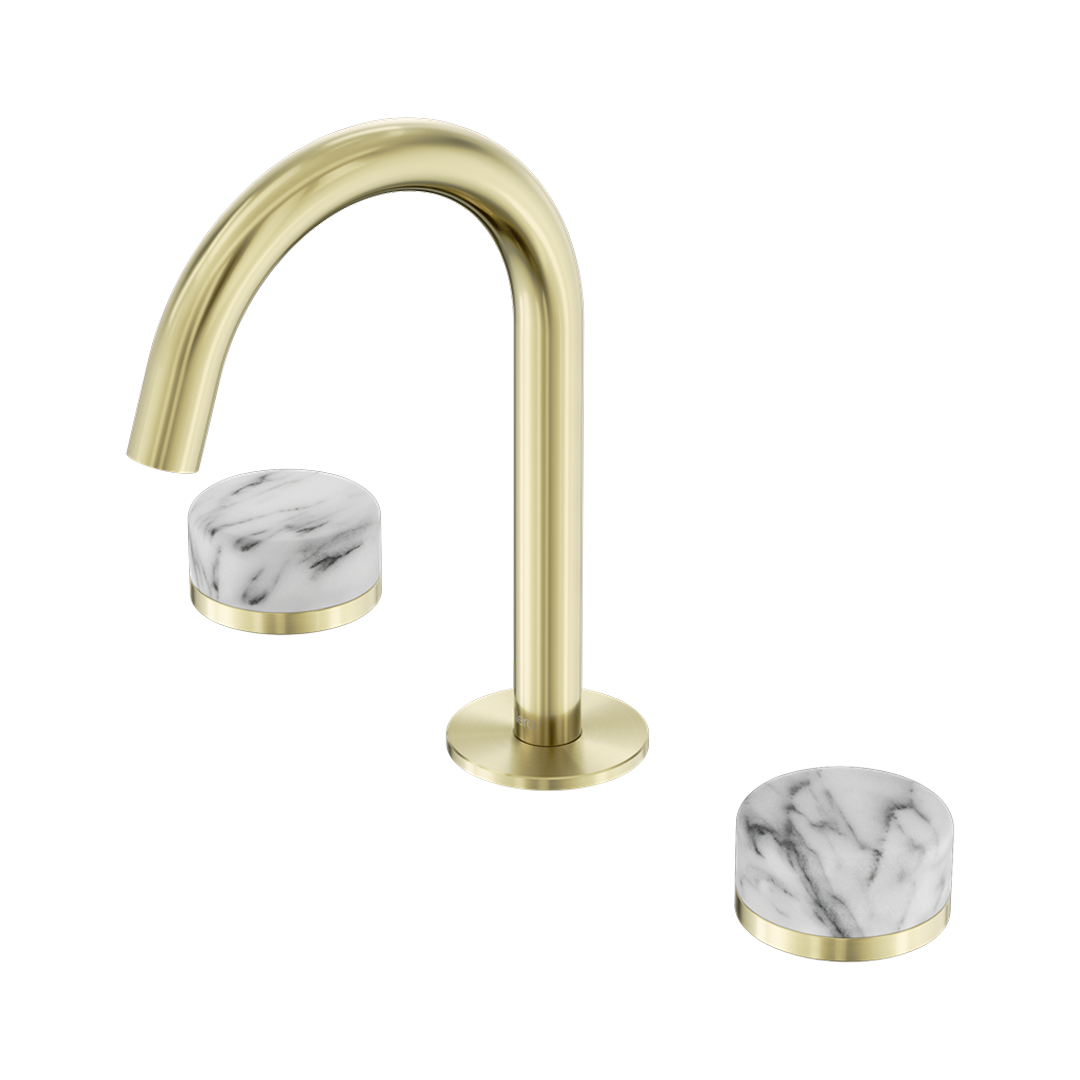 Nero Serenity Basin Tap Set Arc Spout with Arabescato Corchia Handle - Brushed Gold - 24D014BG