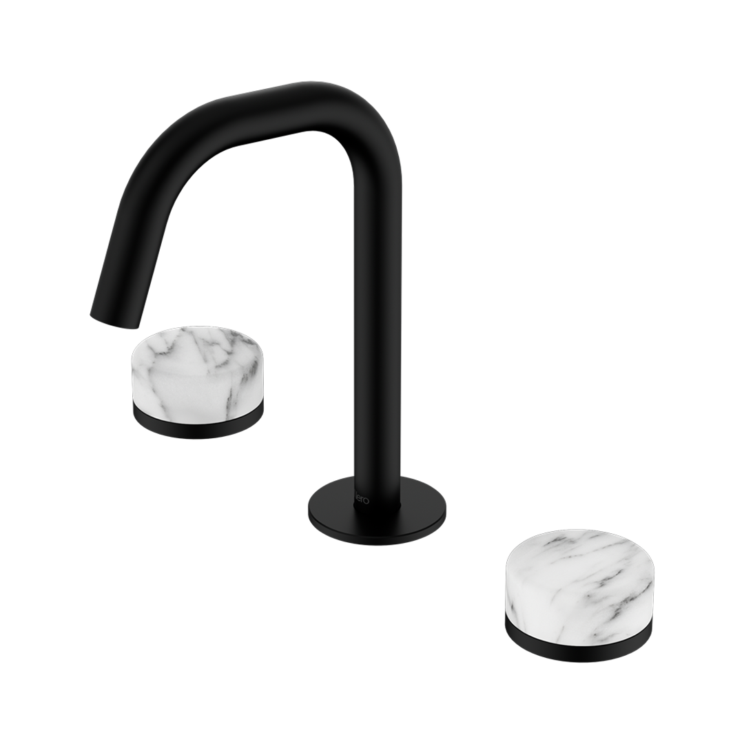 Nero Serenity Basin Tap Set Edge Spout with Arabescato Corchia Handle - Matte Black - 24D026MB