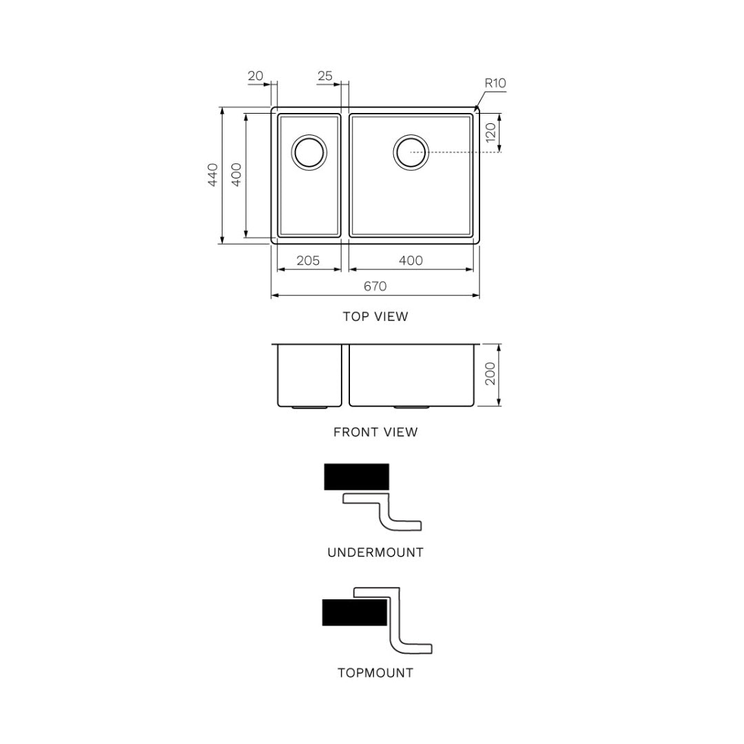 Parisi Quadro 1 & 1/2 Bowl Sink 670mm (Right Hand) - Stainless Steel - PK6744R