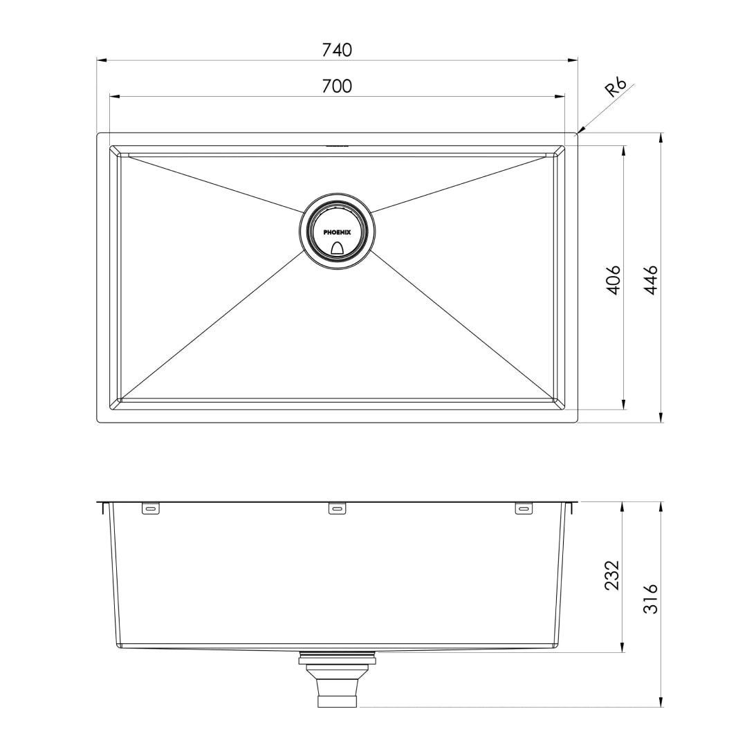 Phoenix 4000 Series 700mm Extra Large Single Bowl Sink - Brushed Carbon - 310-8002-16