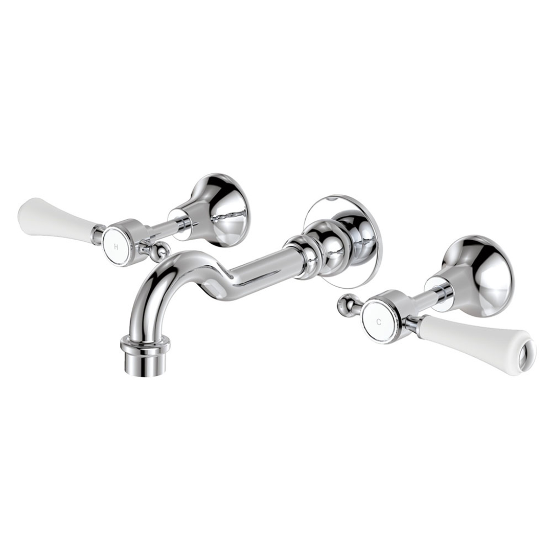 Fienza Lillian Lever Basin/Bath Wall Tap Set - Chrome with Ceramic White Handle 339102-LF