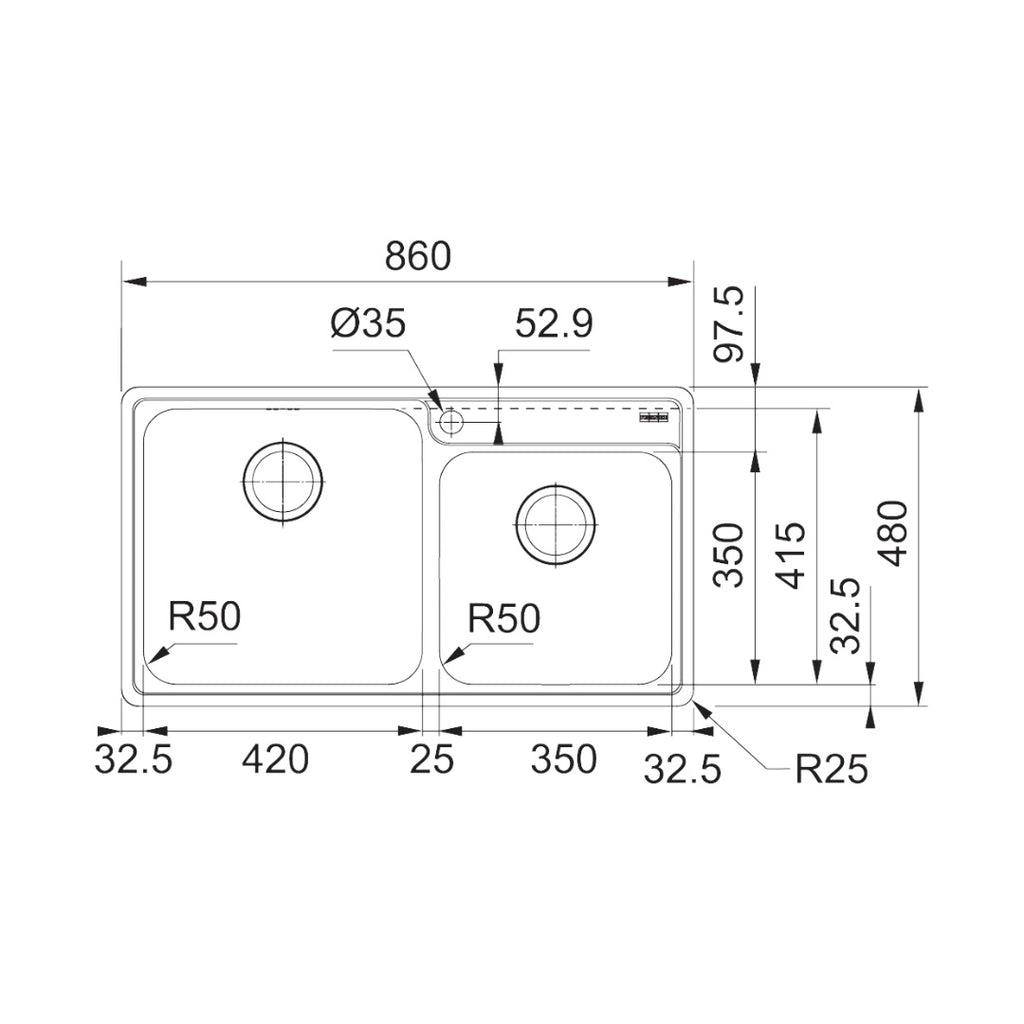 Franke Bell 1 & 1/2 Bowl Topmount Sink BCX620-42/35FPC - Includes DT360 Drainer - BCX62042/35FPC